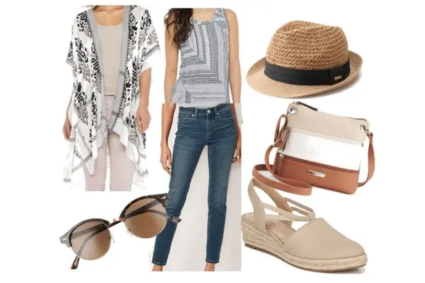 cute summer outfit collage jeans tank ruana hat