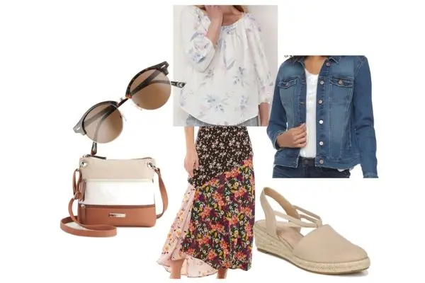 cute minimalist summer wardrobe outfit skirt blouse jeans jacket purse