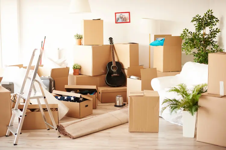 messy room full of boxes