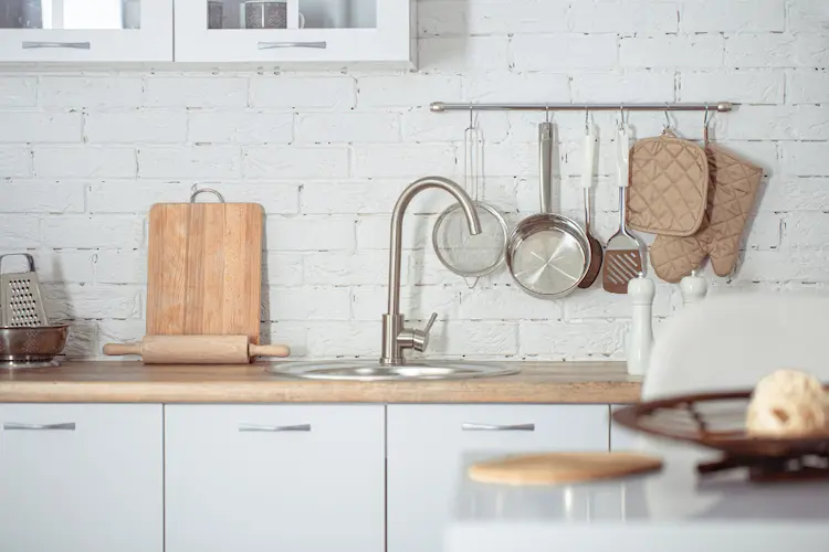 modern stylish scandinavian kitchen interior with kitchen accessories bright white kitchen with household items