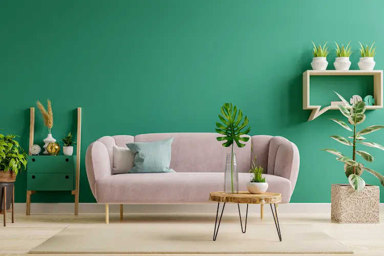 green wall pink couch fun living room colorful minimalist