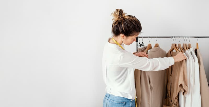 woman looking at clothing on rack clothes closet