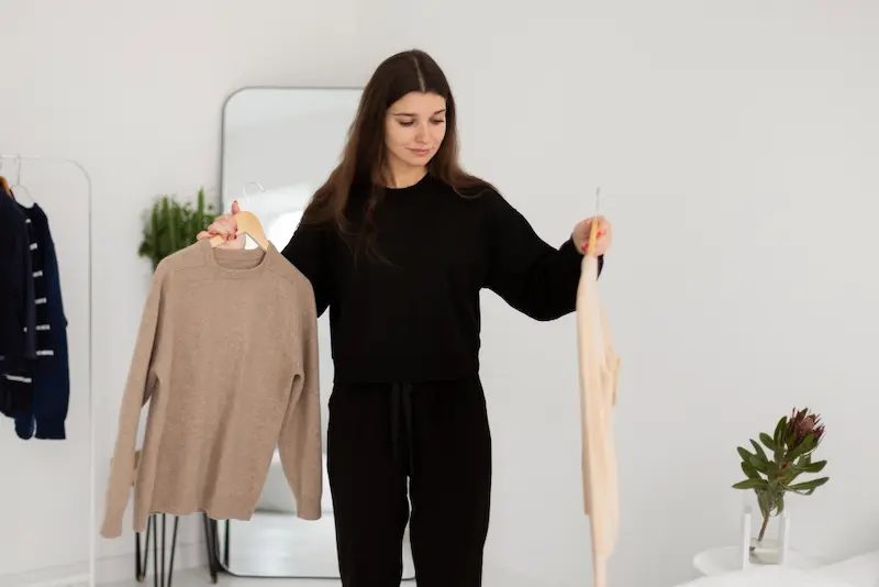 woman holding two shirts on hangers